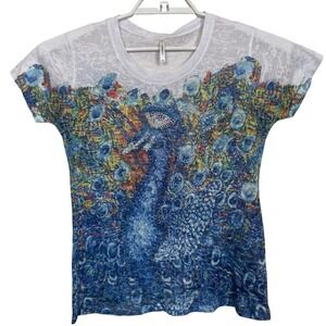 Vintage Passports Burnout Sheer‎ Graphic T Shirt S Peacock Rhinestone Y2K Rave